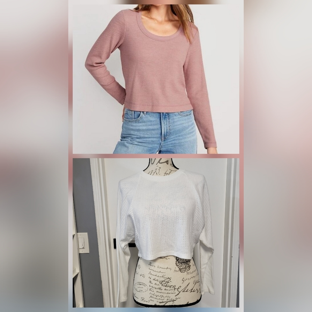 2/$16 Long Sleeve Waffleknit Cropped‎ Thermal Tops White Pink XS-S